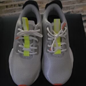 Mens White and Neon Yellow Athletic Shoes
